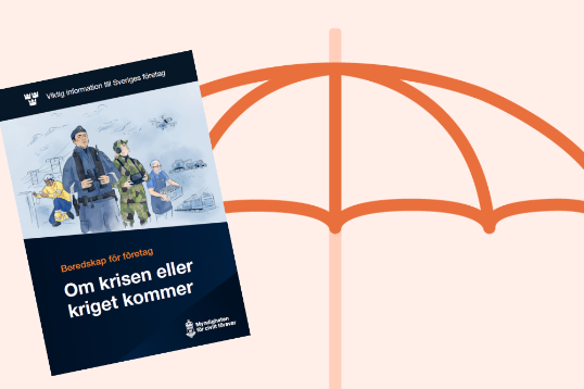 Illustration: Broschyren Om krisen eller kriget kommer och ett symboliskt paraply.