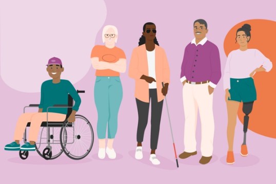 Illustration av fem människor med olika funktionsnedsättningar.