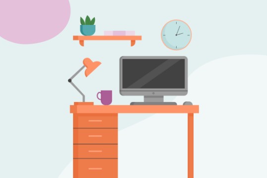 Illustration: skrivbord med dator, lampa och mugg