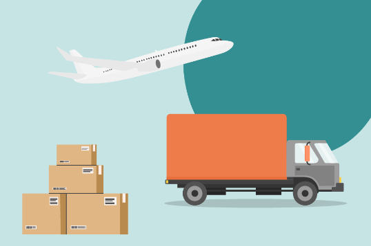 Illustration av en lastbil, ett flygplan och ett paket mot turkos bakgrund.