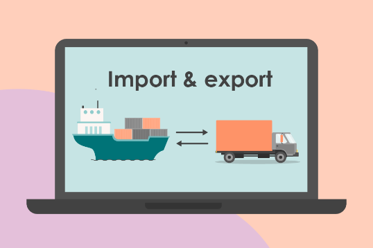 Illustration av ett fraktfartyg och en lastbil samt texten Import & export.