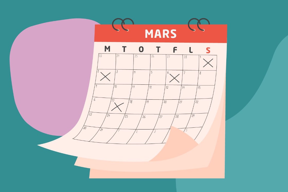 Illustration: Kalenderblad för mars med kryss i några rutor