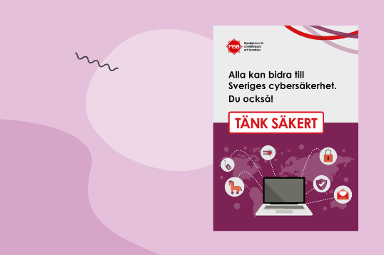 Lila illustration med bild på framsidan på MSB:s brochyr innehållande en chekcklista för att skydda företaget.