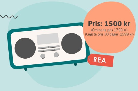 Illustration av en radio med ett exempel på hur man kan skriva en prissänkning.